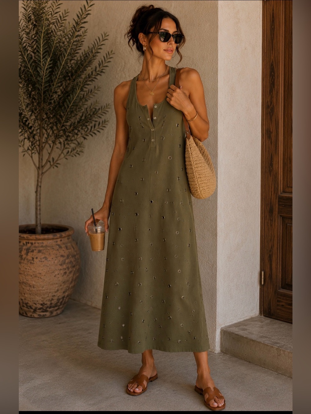 UNIF Olive Green Ribbed Grommet Midi Dress M Cotton Grunge Y2K Festival Goth